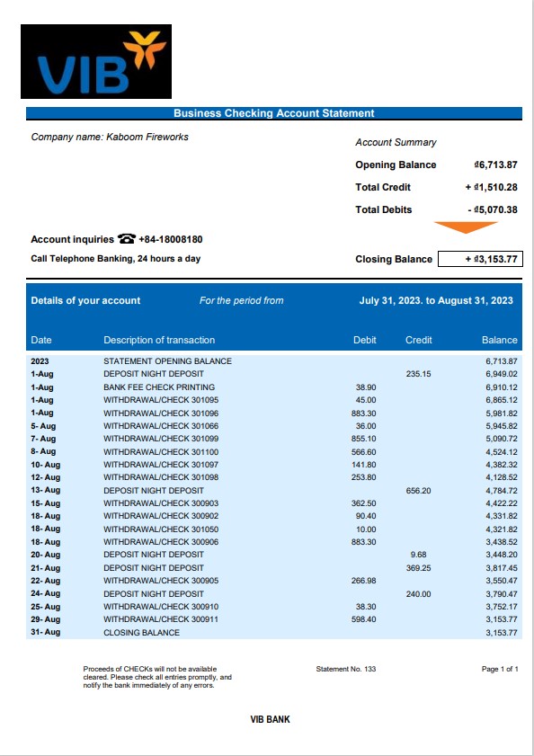 Modèle Word et PDF de relevé de compte courant d'entreprise VIB Bank